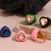 Chunky Colorful Enamel Y2K Heart Jewelry Shining Zircon Rings Set Gold Plated Stainless Steel Jewelry