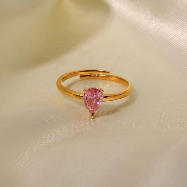 18K Gold Plated Pink Oval Water Drop Zircon Adjustable Stainless Steel Dainty Rings for Women