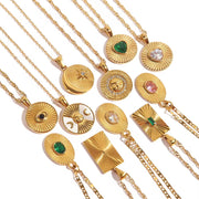 Waterproof Zircon Texture Necklace Stainless Steel Green Zircon round Eye Sunburst Medallion Necklaces