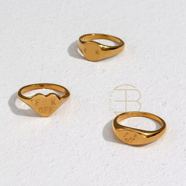 New Trendy Heart Oval Shape Titanium 18K Gold Plated Personalized Letter FK off Signet Ring