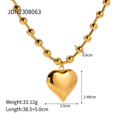 18K Gold Plated Stainless Steel Bead Chain OT Buckle Chunky Heart Pendant Bracelet Necklace for Women