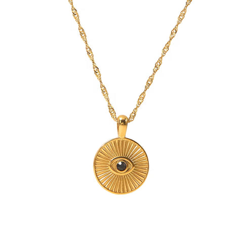 Vintage 18K Gold Plated Sunburst Eye Necklace Stainless Steel Black Stone round Coin Eye Necklace