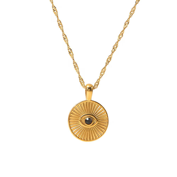 Vintage 18K Gold Plated Sunburst Eye Necklace Stainless Steel Black Stone round Coin Eye Necklace