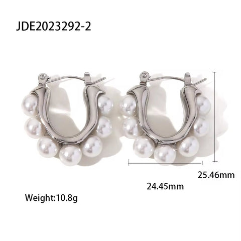 18K Gold Plated Silver Plated Stainless Steel White Pearl U Shape Large Hoop Earrings Jewelry