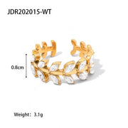 Dainty 18K Gold Plated Stainless Steel Branch Leaf Design White Cubic Zirconia Adjustable Rings