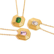 Vintage Stainless Steel White Zircon Necklace Pyramidal Shape Inlaid Green Zircon Necklace for Girls