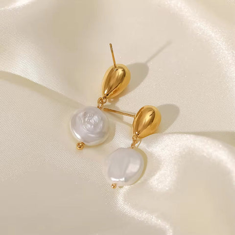 Ins 18K Gold Plated Earring Stainless Steel Natural Freshwater Pearl Pendant Earrings for Women