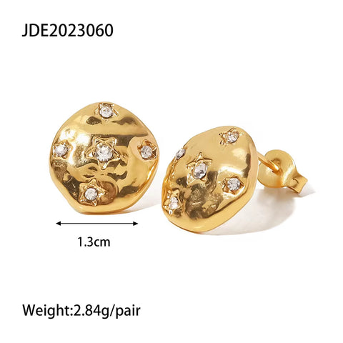 Coin Shape Star Cubic Zirconia Shiny Hammered 18K Gold Plated Stainless Steel Stud Earrings Tarnish Free