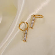 18K Gold Plated Stainless Steel White Cubic Zirconia Bamboo Design Pendant Dainty Hoop Earrings