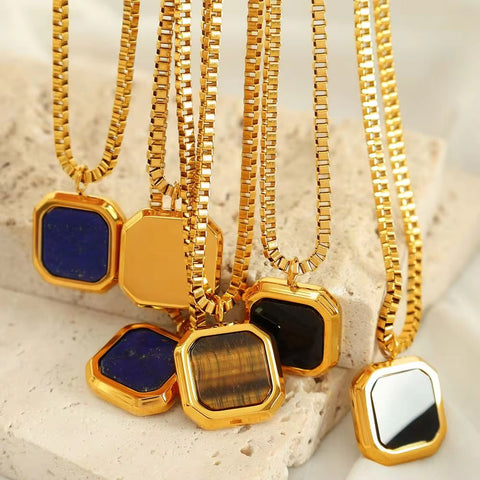 JEWELRY XL96-8 Hot Sale Tiger Eye Lapis Lazuli Onyx Geometric Square Pendant Necklace Niche Design Light Luxury