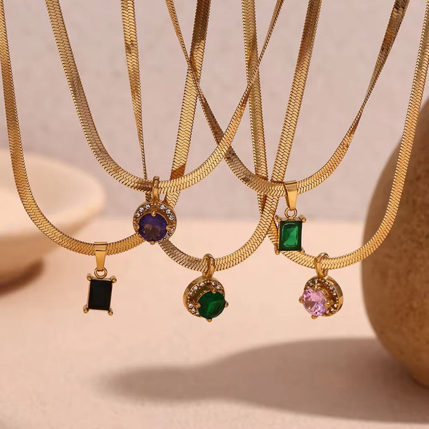 Colorful Zircon Necklaces Set Gold Plated Snake Chain Choker Stainless Steel Jewelry Set