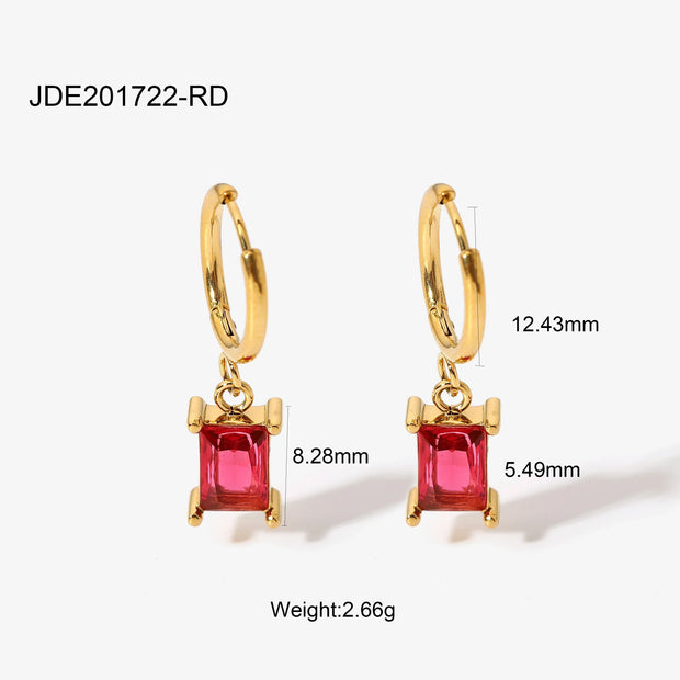 New Trendy 18K Gold Plated Stainless Steel Jewelry Mini Rectangle Red Zircon Earrings Pendant Necklace Set for Women