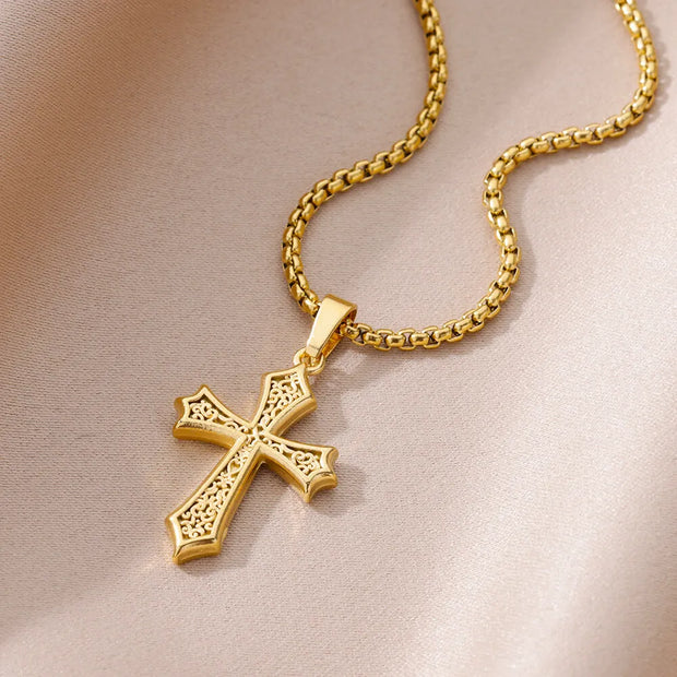 Stainless Steel Cross Necklace For Women Gold Color Chain Cross Pendant Necklaces Retro Religion Jewelry Gift bijoux femme