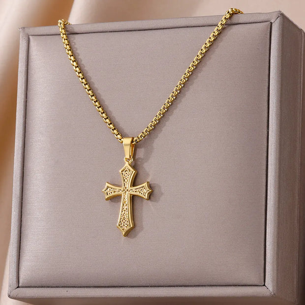 Stainless Steel Cross Necklace For Women Gold Color Chain Cross Pendant Necklaces Retro Religion Jewelry Gift bijoux femme