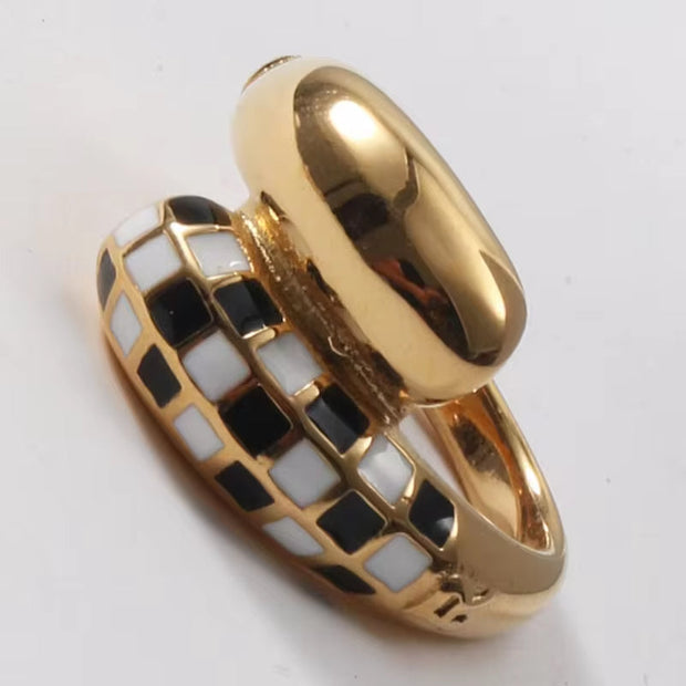 Wholesale 18K Gold Plated Black White Plaid Binding Stainless Steel Rings for Women