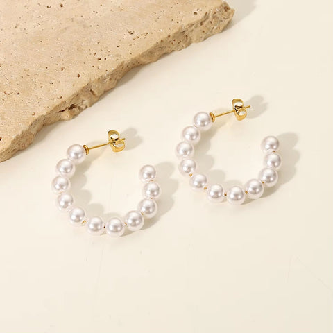 French Style Pearl C-Shaped Jewelry Earrings Stainless Steel Gold-Plated Mini Pearl Women'S Gift Hoop Earrings