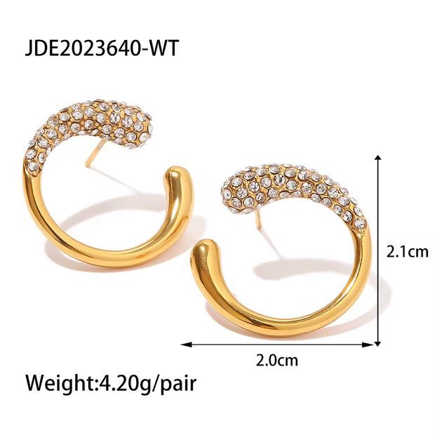 New Trendy 18K Gold Plated Stainless Steel CC Shape Zircon Pearl Inlaid Earring Circle Earring Jewelry Festival Gift