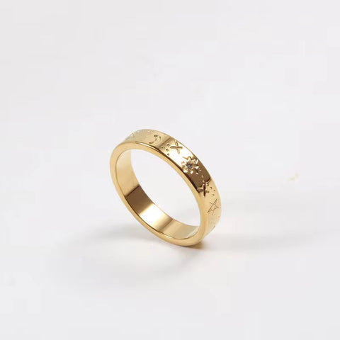 Fashion Titanium Steel Gold Plated Star and Moon Ring Retro Personality Stainless Steel Universe Galaxy Ring Woman