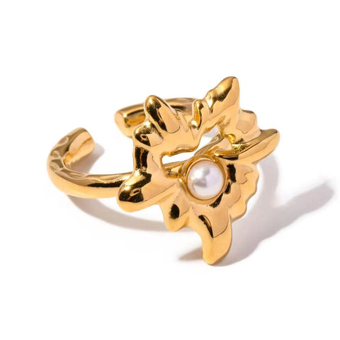 Design Lava Heart Pearl 18K Stainless Steel Gold Plated Hollow Heart Maple Leaf Open Ring for Women