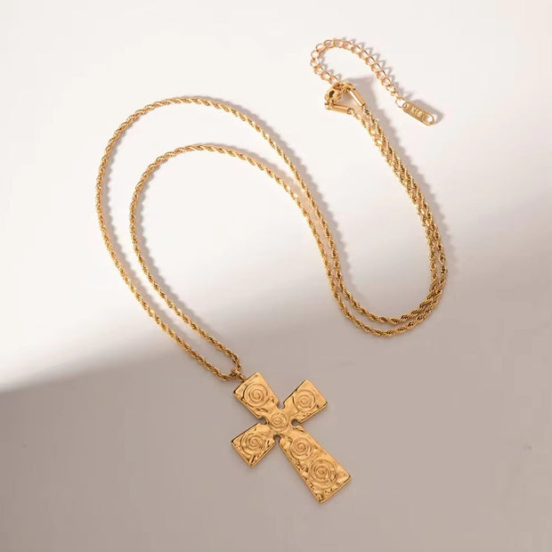 Jewelry 18K PVD Gold Plated Texture Lava Crossed Necklace Chunky Cross Pendant Necklace for Women