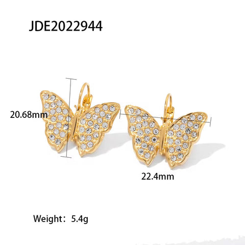 New Arrivals Full Zircon Inlaid Butterfly Shape Earrings Stainless Steel Gold Plated Hoop Earrings