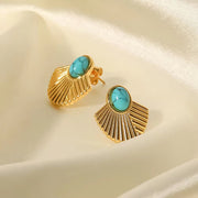 Vintage Stainless Steel 18K Gold Plated Turquoise Inlaid Rib Fan-Shaped Statement Earrings for Women