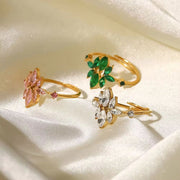 18K Gold Plated Thin Flower Zircon Finger Ring Stainless Steel Green CZ Zircon Adjustable Ring