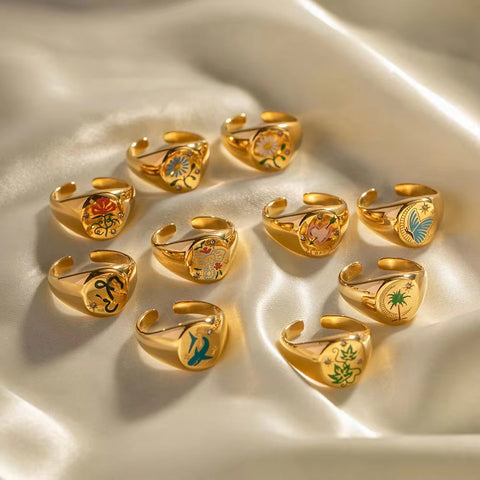 Spring Collections 18K Gold Plated Flower Tree Animal Pattern Rings Set Jewelry Fashion Colorful Oil Drop Ring