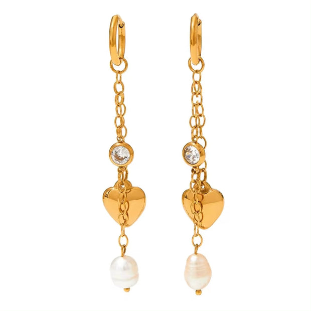 Natural Pearl Heart Long Drop Dangle Earrings