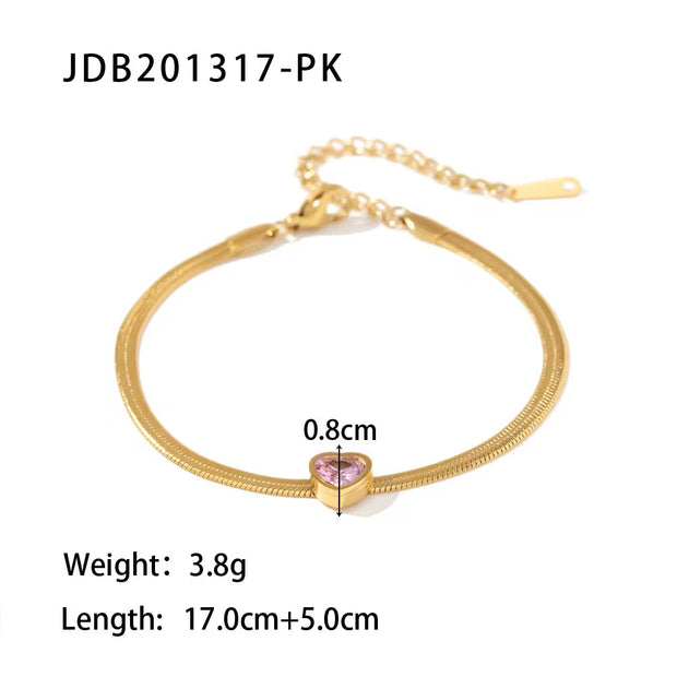 New Trendy 18K Gold Plated Stainless Steel Snake Chain Cubic Zirconia Heart Bracelet for Women