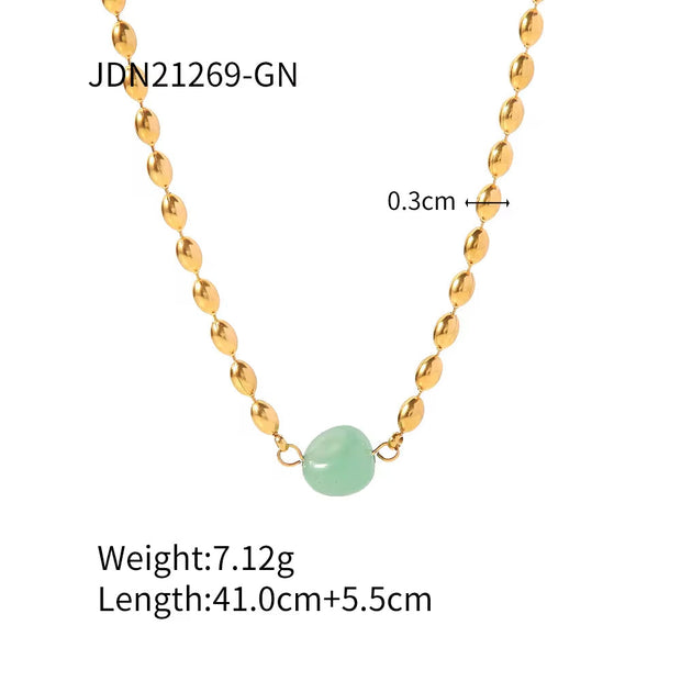 Stainless Steel 18K Gold Plated Jewelry Set Green Natural Stone Oval Golden Bead Bracelet Necklace