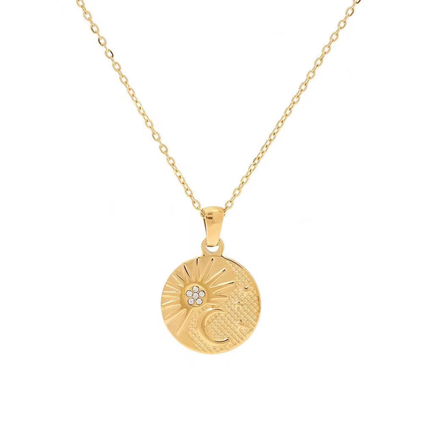 Stainless Steel Zircon Sun Half Moon Necklace 18K Gold Plated Moon Sunburst Pendant Necklace