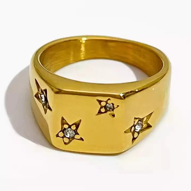 Stylish High Polished Stainless Steel Pentagram Cz Geometric Ring 18K Gold Plating No Fade Titanium Steel Smooth Square Ring