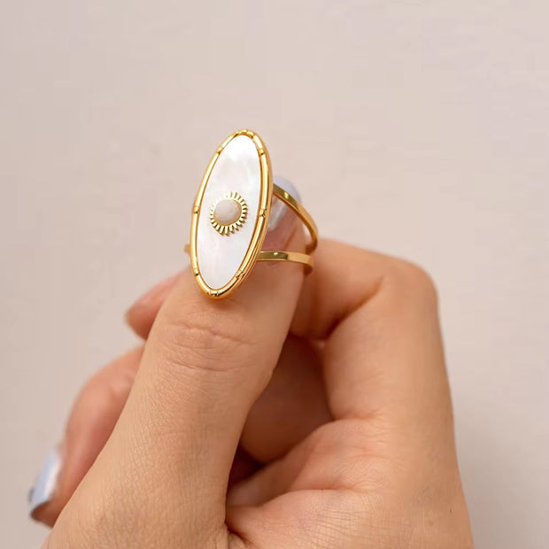 Oval round Natural Shell Pearl 18K PVD Gold Plated Stainless Steel Opening Rings Women Jewelry