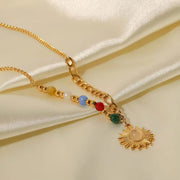 New Stainless Steel 18K Gold Half Color Bead Chain Half Figaro Chain Natural Opal Stone Sun Pendant Necklace