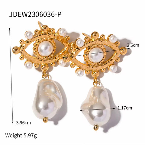 Fashion Stainless Steel Jewelry Plated 18K Gold PVD Turquoise Pearl Evil'S Earrings for Women