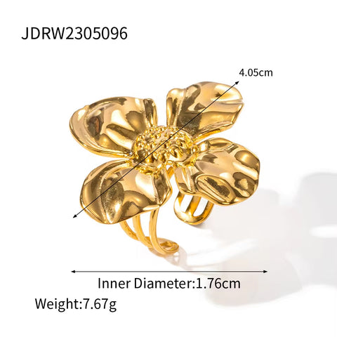 INS Style 18K PVD Plated Chic Stainless Steel Big Flower Earring Party Summer Rings Necklace Jewelry Sets