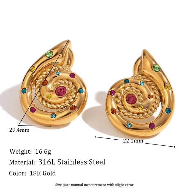 New Design Conch Stud Earrings Colorful Zircon Earring 18K Gold Plated Stainless Steel Jewelry