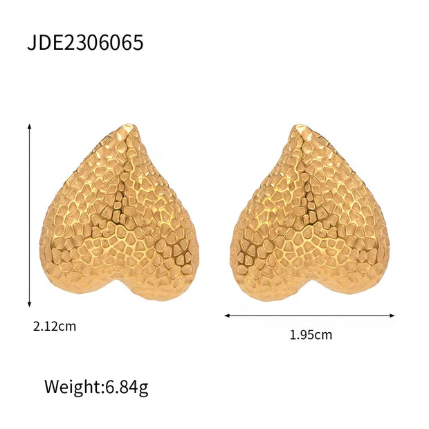 Heart Hammer Pattern Chubby round Rolling 18K Gold Stainless Steel Heart Earrings for Women