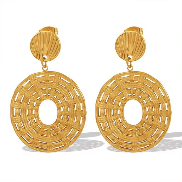 JEWELRY EH207 French Vintage Earrings 18K Gold Plated Hollowed Out Disc Earrings Fashion Hoop Earrings