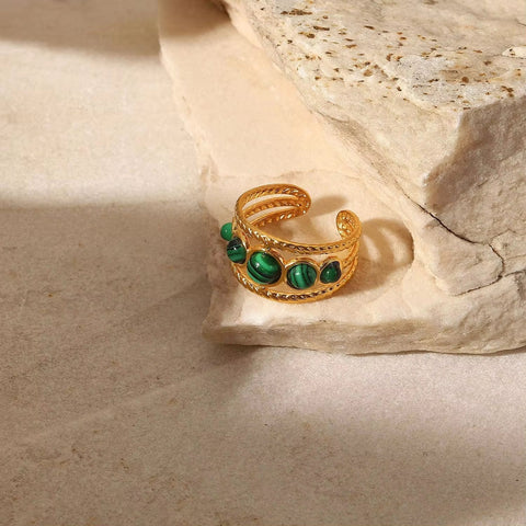 Water Proof PVD Gold Plated Stainless Steel Natural Malachite Stone Hollow Adjustable Rings