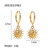 18K Gold Plated Stainless Steel Classic Sun Shape Pendant Hoop Earrings Waterproof Dainty Jewelry