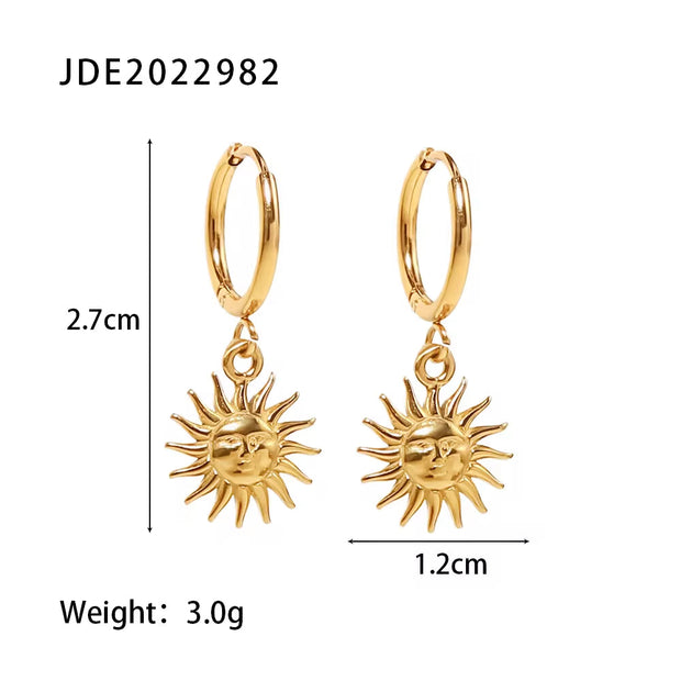 18K Gold Plated Stainless Steel Classic Sun Shape Pendant Hoop Earrings Waterproof Dainty Jewelry