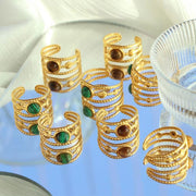 JEWELRY JZ26-27 Hot Sale Tiger Eye Turquoise Skeleton Ring Stainless Steel Open End Ring