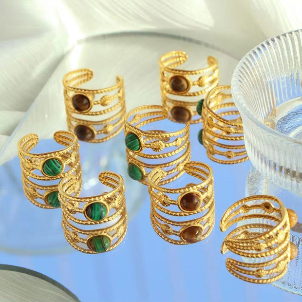 JEWELRY JZ26-27 Hot Sale Tiger Eye Turquoise Skeleton Ring Stainless Steel Open End Ring