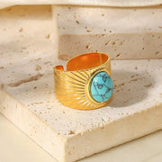 18K Gold Plated Turquoise Swirl Marks Wide Opening Stainless Steel Rings for Women Jewelry