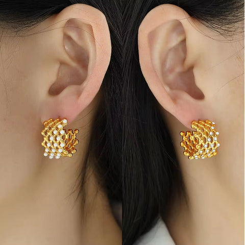 JEWELRY EH246-7 Hollowed Out Small Gold Beads Patchwork Grid-Like Earrings Set with Rubber Beads Rhinestone Earrings