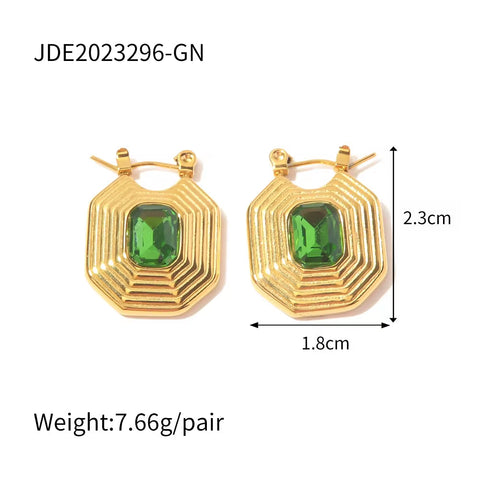 Waterproof Stainless Steel White Zircon Necklace Pyramidal Shape Inlaid Green Zircon Earring Necklace