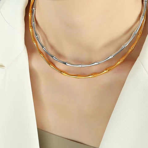 JEWELRY XL72-SZ58 Wholesale Thin Bamboo Open Collar Bangles Fashion Necklace Stainless Steel Plated 18K Gold