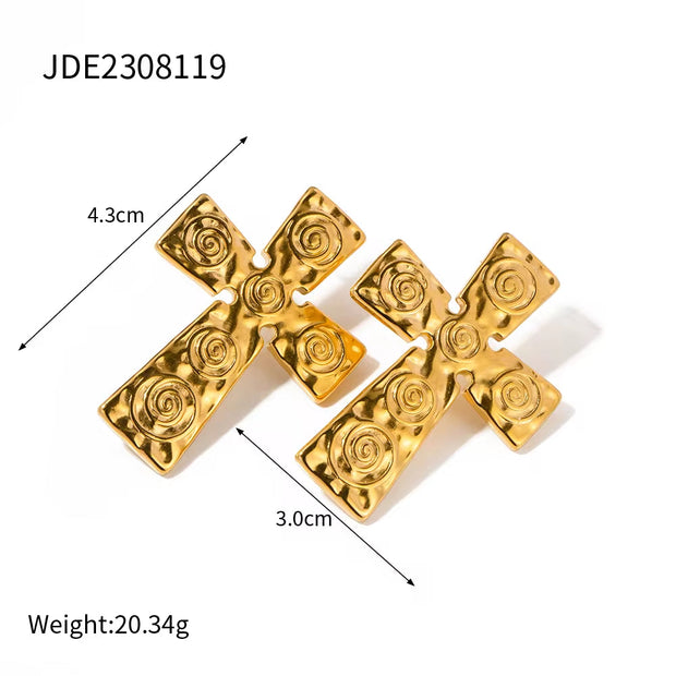 New 18K Gold Plated Stainless Steel Rotate Texture Hammer Big Huge Cross Earrings Women Luxury